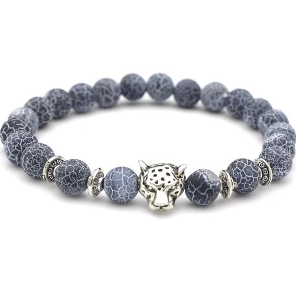 Unisex Blue Agate Stone & Silver Leopard Head Beaded Bracelet NEW - Picture 2 of 5